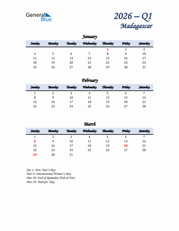 January, February, and March Calendar for Madagascar with Sunday Start