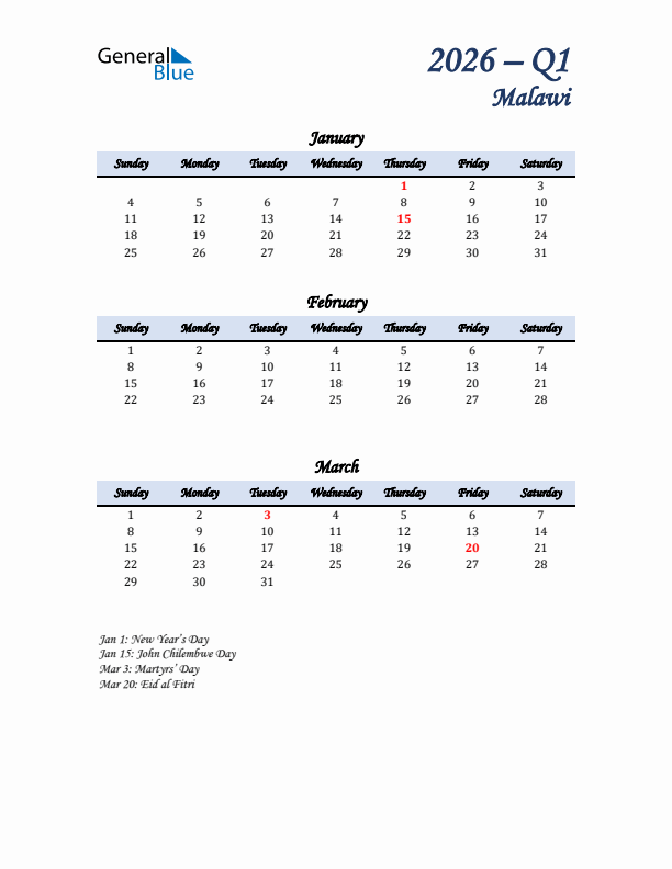 January, February, and March Calendar for Malawi with Sunday Start