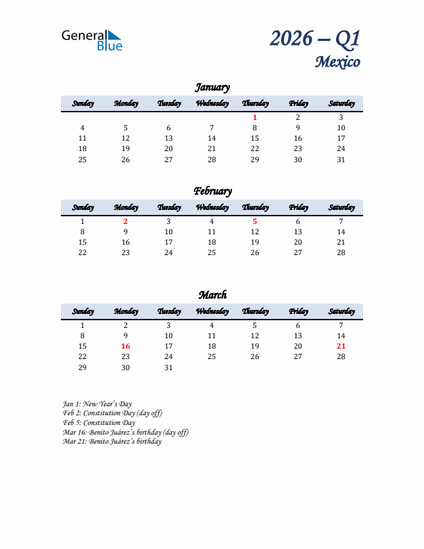 January, February, and March Calendar for Mexico with Sunday Start