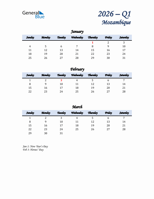 January, February, and March Calendar for Mozambique with Sunday Start