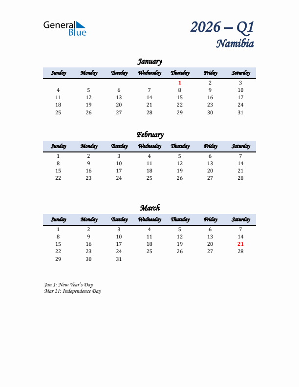 January, February, and March Calendar for Namibia with Sunday Start