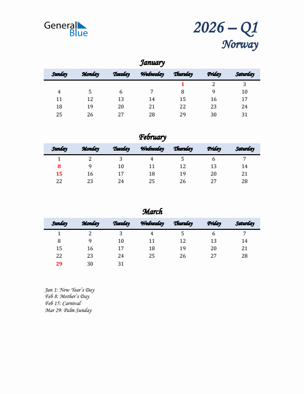 January, February, and March Calendar for Norway with Sunday Start