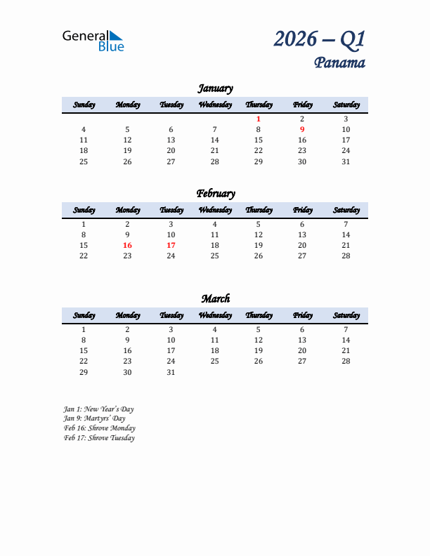 January, February, and March Calendar for Panama with Sunday Start