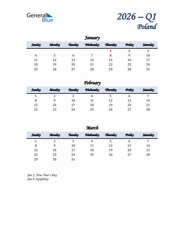 January, February, and March Calendar for Poland with Sunday Start