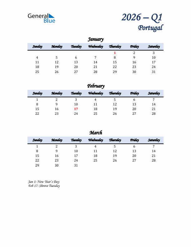 January, February, and March Calendar for Portugal with Sunday Start