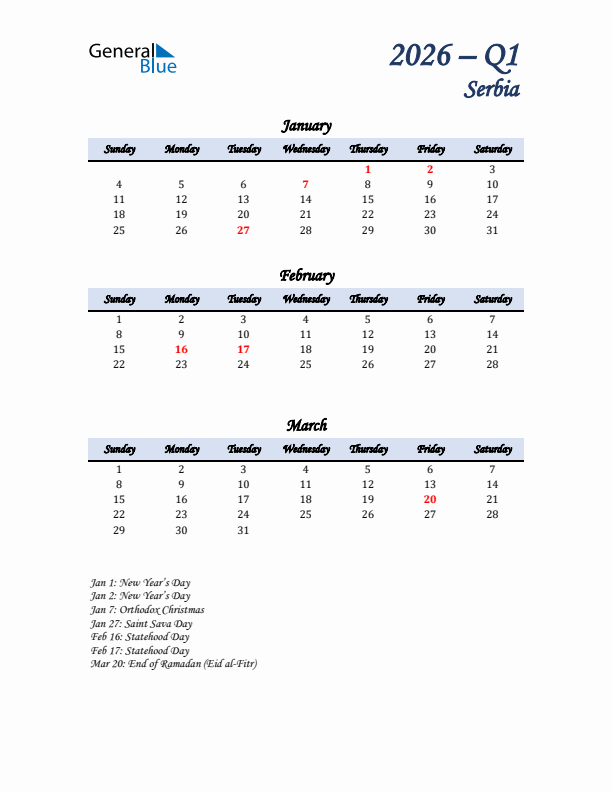 January, February, and March Calendar for Serbia with Sunday Start