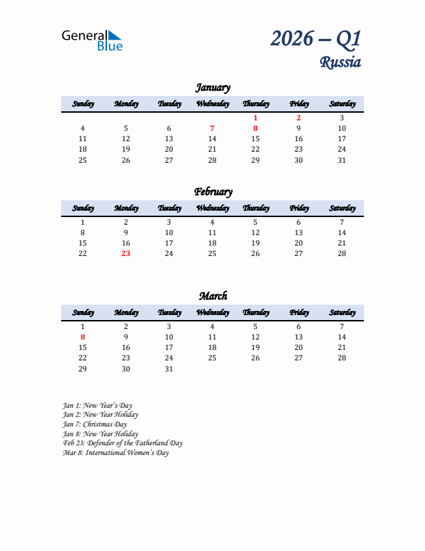 January, February, and March Calendar for Russia with Sunday Start