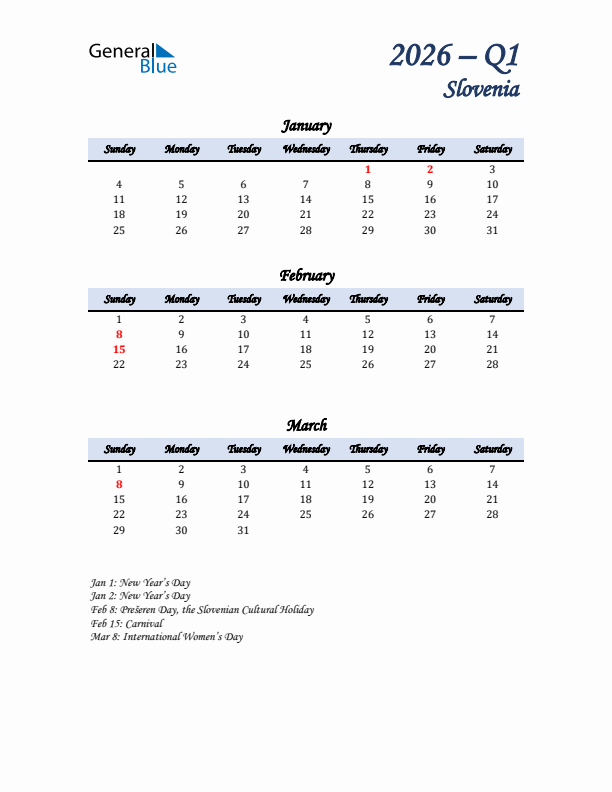 January, February, and March Calendar for Slovenia with Sunday Start