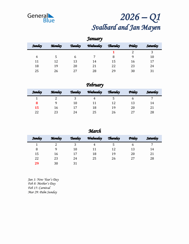 January, February, and March Calendar for Svalbard and Jan Mayen with Sunday Start