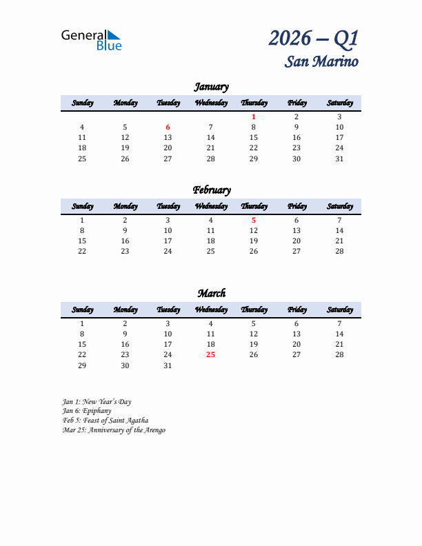 January, February, and March Calendar for San Marino with Sunday Start