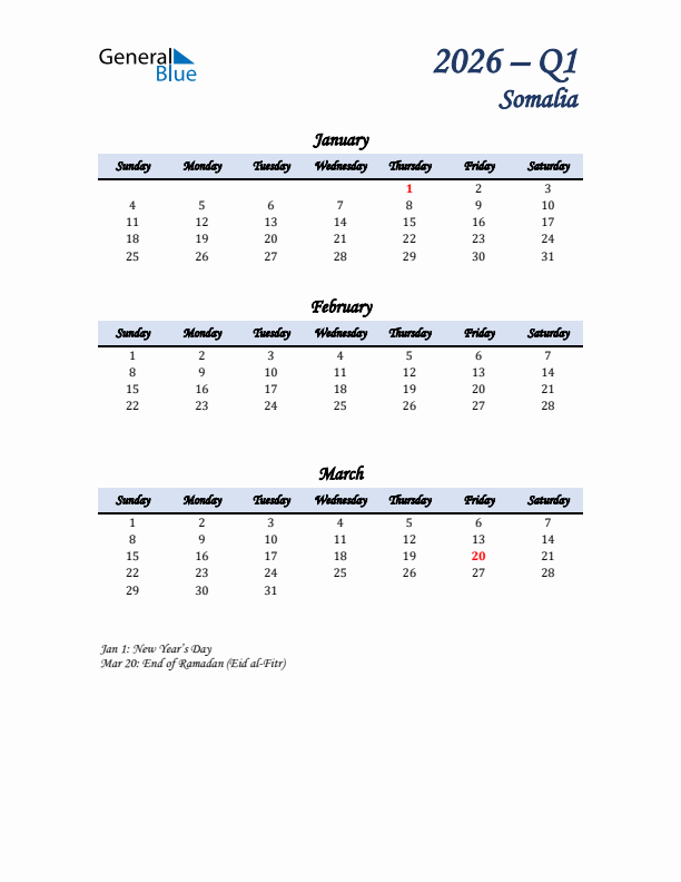 January, February, and March Calendar for Somalia with Sunday Start