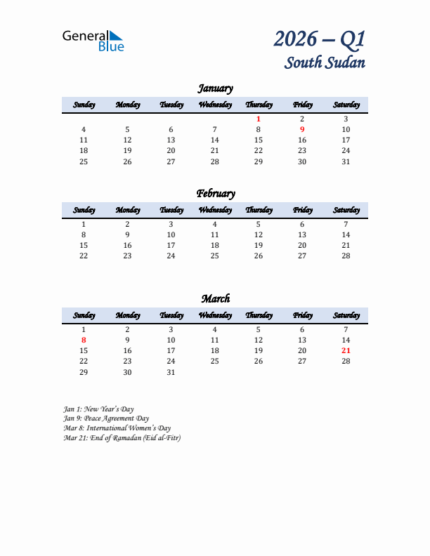 January, February, and March Calendar for South Sudan with Sunday Start