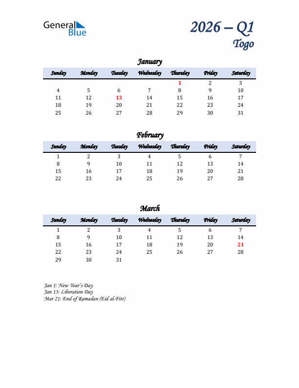 January, February, and March Calendar for Togo with Sunday Start