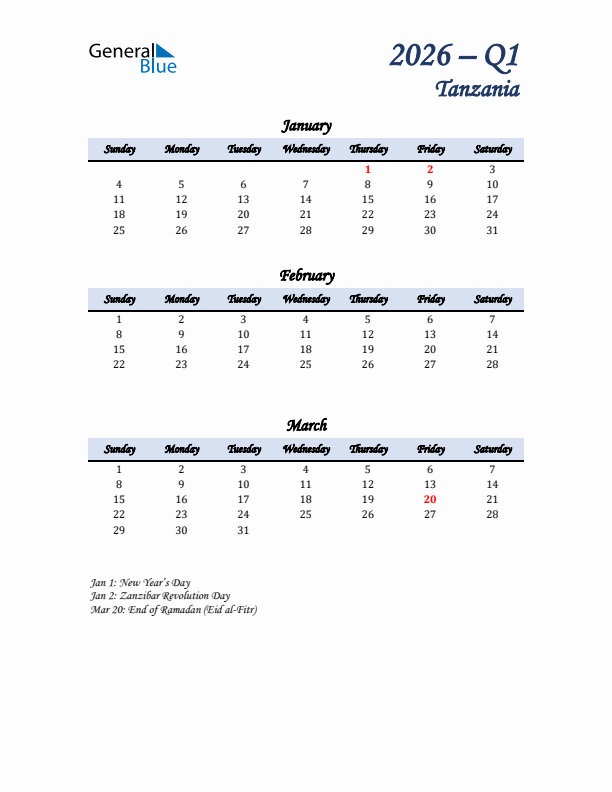 January, February, and March Calendar for Tanzania with Sunday Start