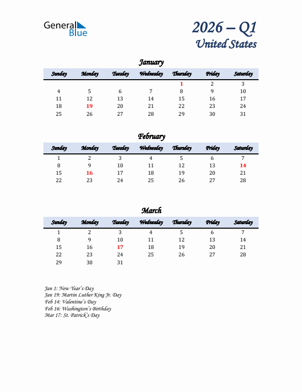 January, February, and March Calendar for United States with Sunday Start