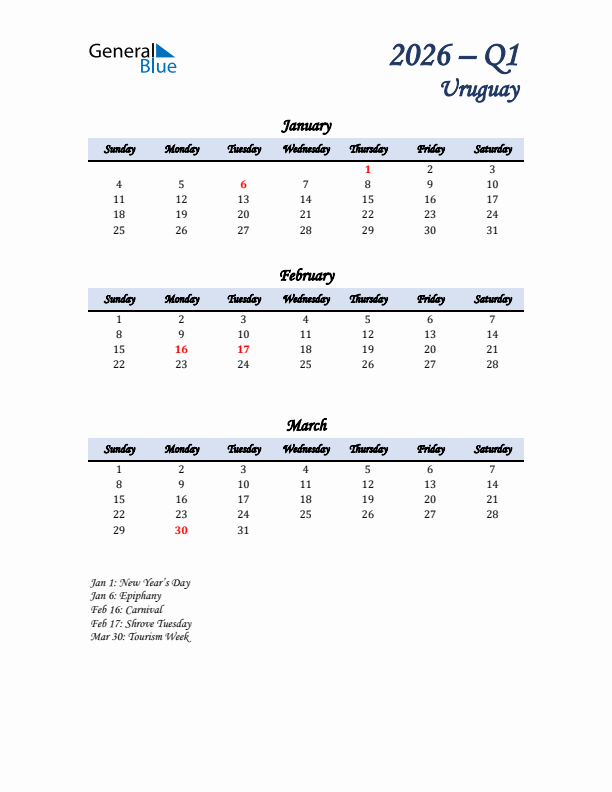 January, February, and March Calendar for Uruguay with Sunday Start