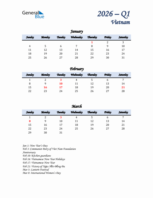 January, February, and March Calendar for Vietnam with Sunday Start