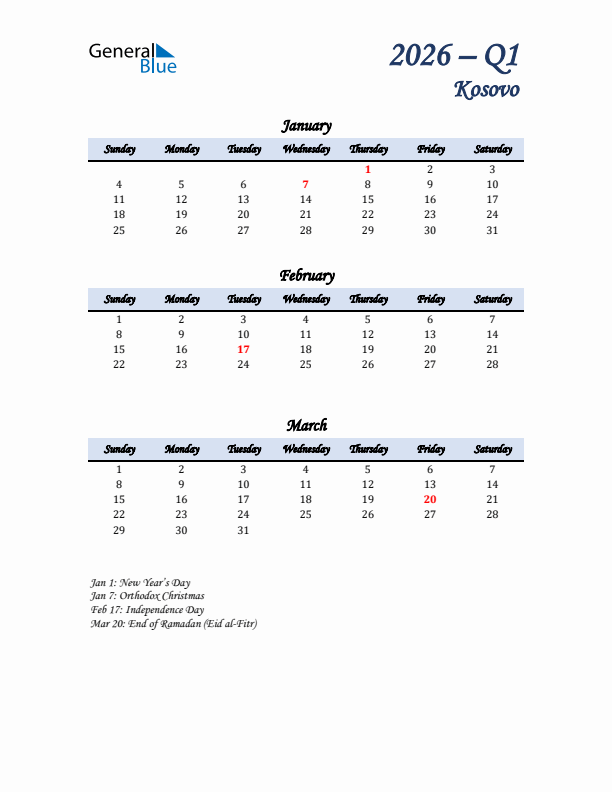 January, February, and March Calendar for Kosovo with Sunday Start