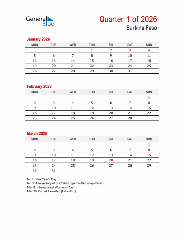 Printable Three Month Calendar with Burkina Faso Holidays