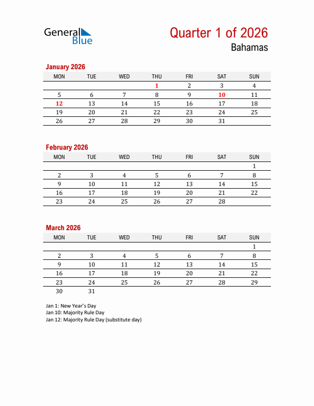 Printable Three Month Calendar with Bahamas Holidays