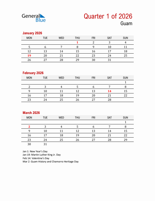 Printable Three Month Calendar with Guam Holidays