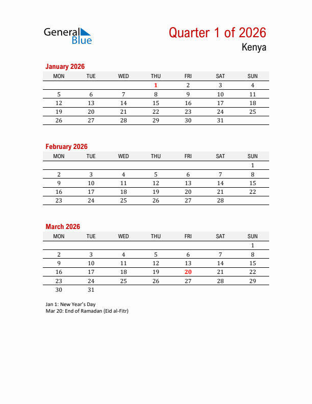 Printable Three Month Calendar with Kenya Holidays