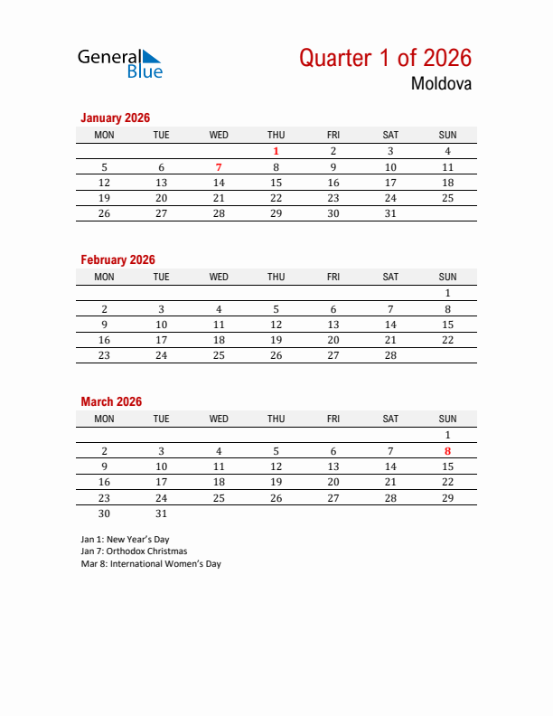 Printable Three Month Calendar with Moldova Holidays