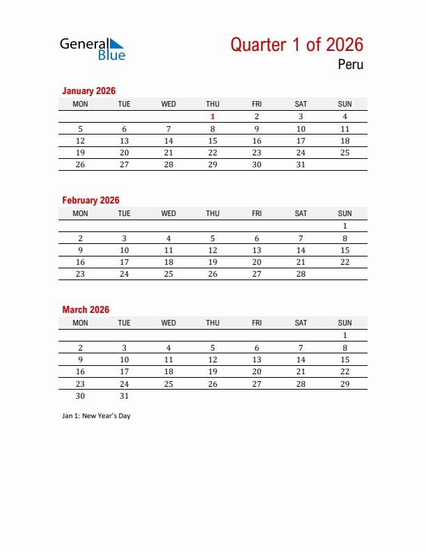 Printable Three Month Calendar with Peru Holidays