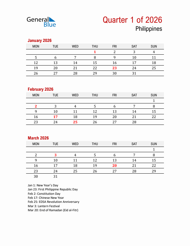 Printable Three Month Calendar with Philippines Holidays