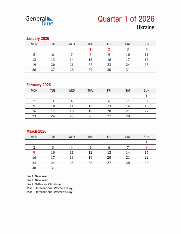 Printable Three Month Calendar with Ukraine Holidays