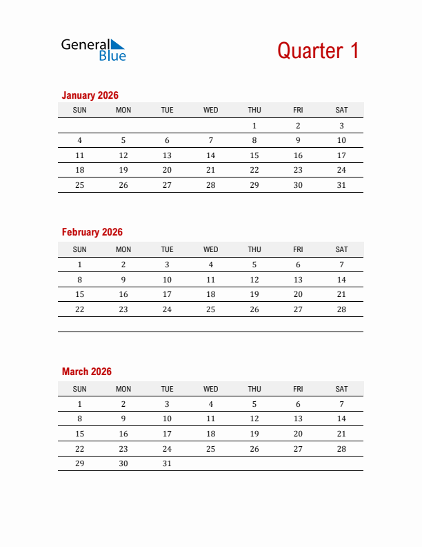 Three-Month Printable Calendar 2026