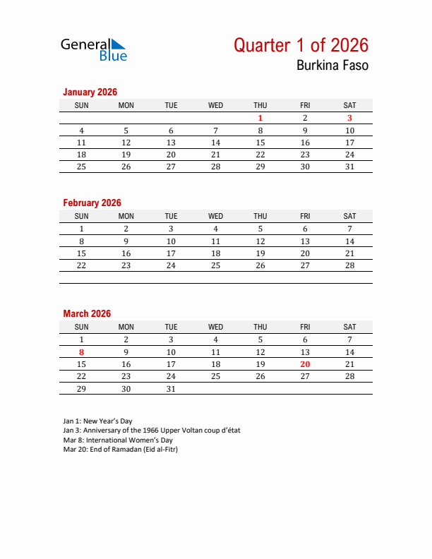 Printable Three Month Calendar with Burkina Faso Holidays