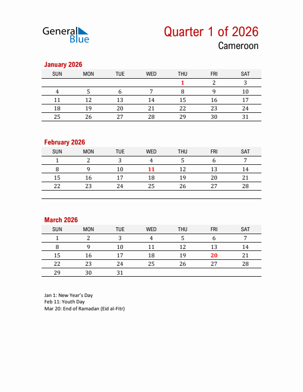 Printable Three Month Calendar with Cameroon Holidays