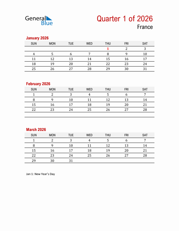 Printable Three Month Calendar with France Holidays