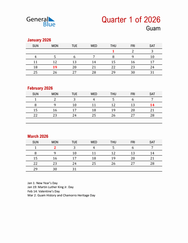 Printable Three Month Calendar with Guam Holidays