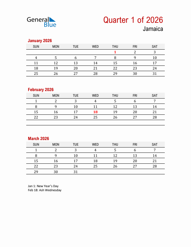 Printable Three Month Calendar with Jamaica Holidays