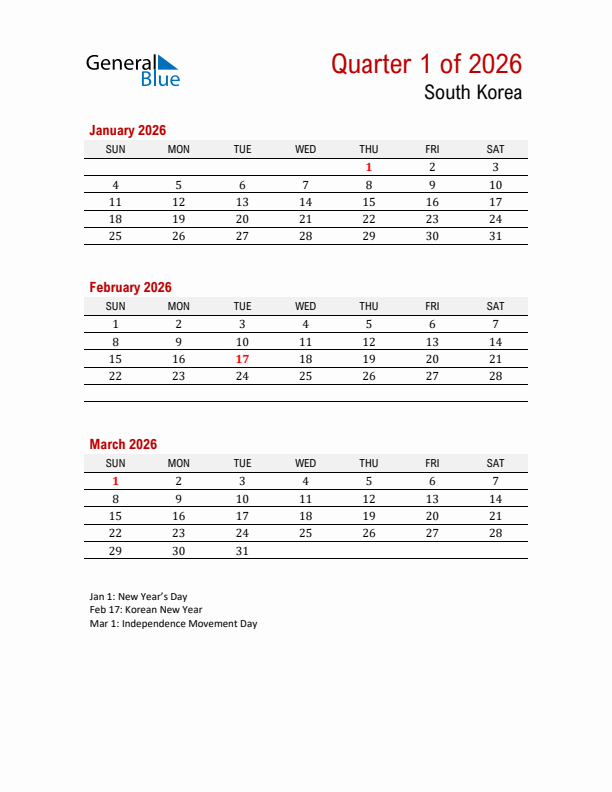 Printable Three Month Calendar with South Korea Holidays