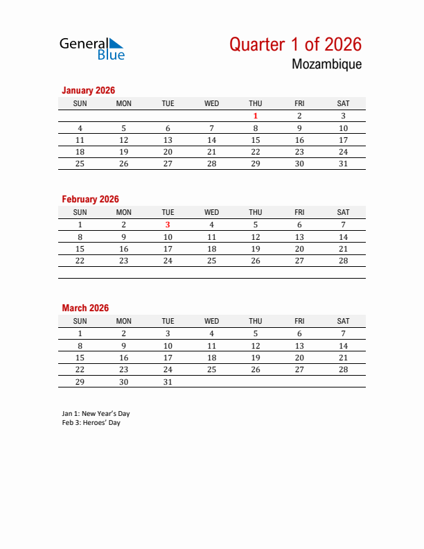 Printable Three Month Calendar with Mozambique Holidays