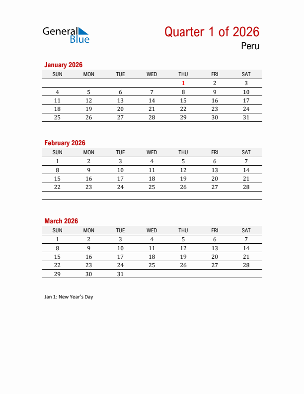 Printable Three Month Calendar with Peru Holidays