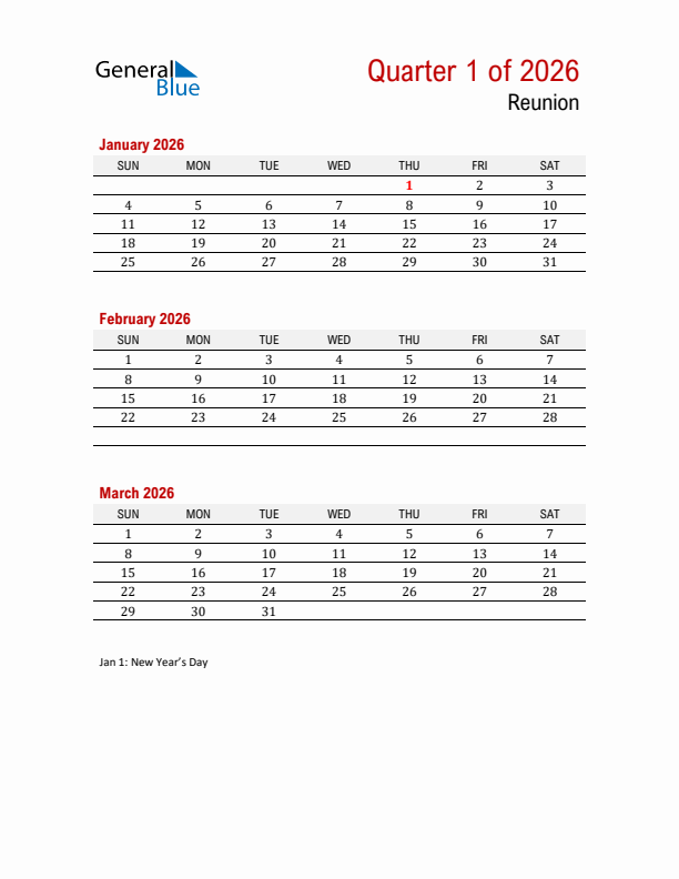 Printable Three Month Calendar with Reunion Holidays