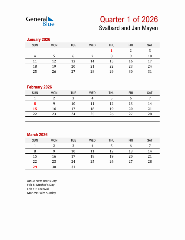 Printable Three Month Calendar with Svalbard and Jan Mayen Holidays