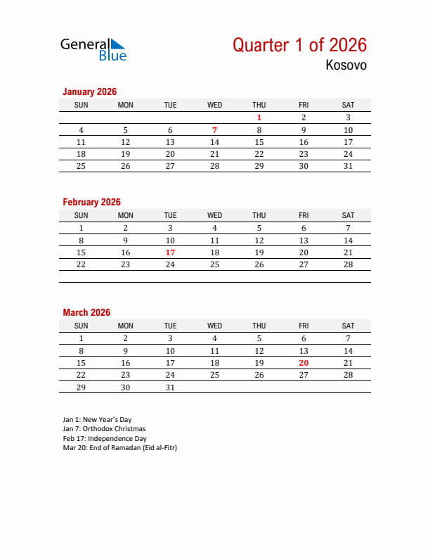 Printable Three Month Calendar with Kosovo Holidays