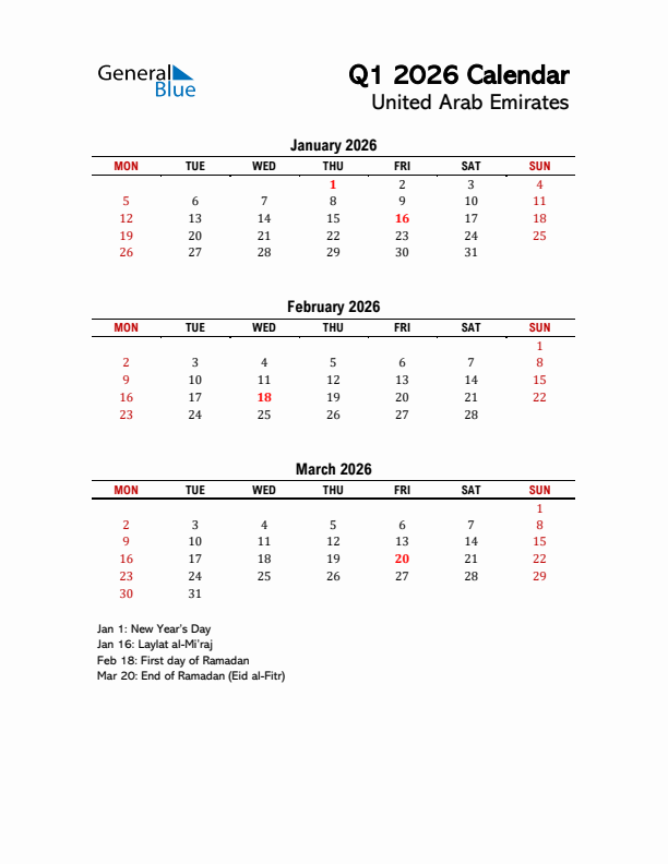 2026 Q1 Calendar with Holidays List for United Arab Emirates