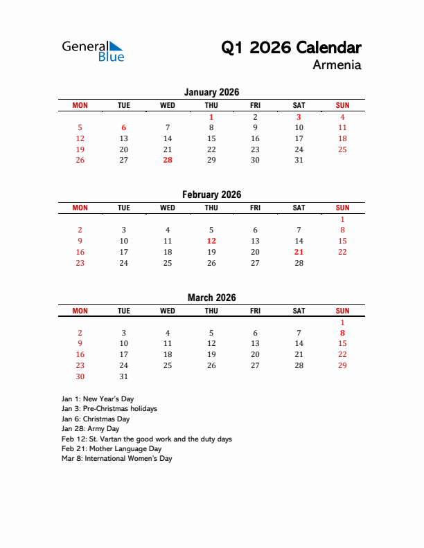 2026 Q1 Calendar with Holidays List for Armenia