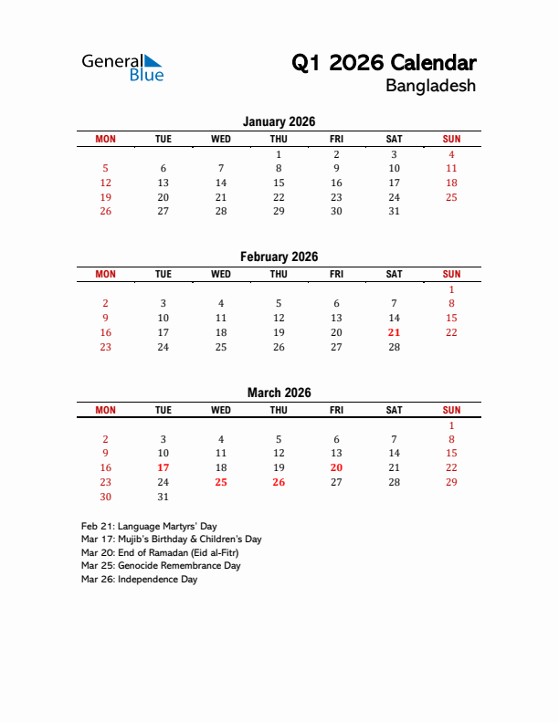 2026 Q1 Calendar with Holidays List for Bangladesh