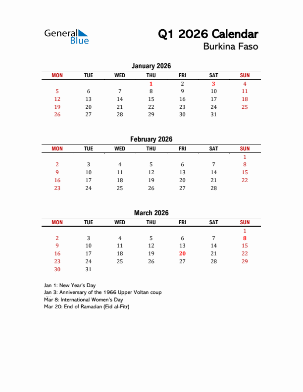 2026 Q1 Calendar with Holidays List for Burkina Faso