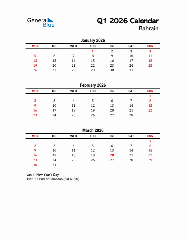 2026 Q1 Calendar with Holidays List for Bahrain