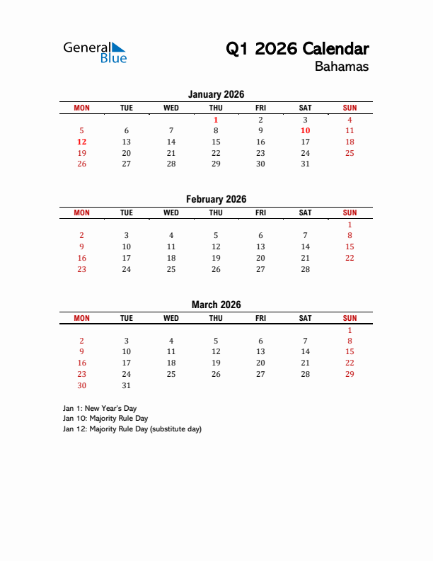 2026 Q1 Calendar with Holidays List for Bahamas