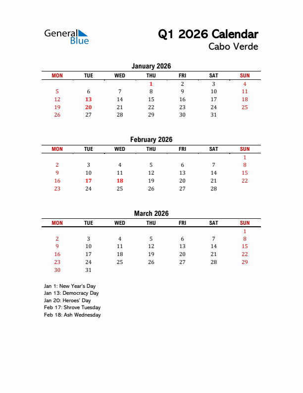 2026 Q1 Calendar with Holidays List for Cabo Verde