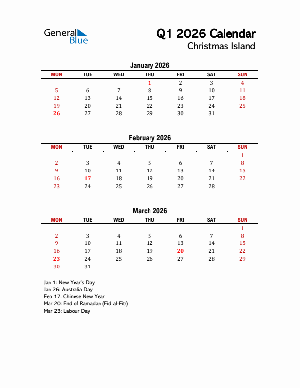 2026 Q1 Calendar with Holidays List for Christmas Island